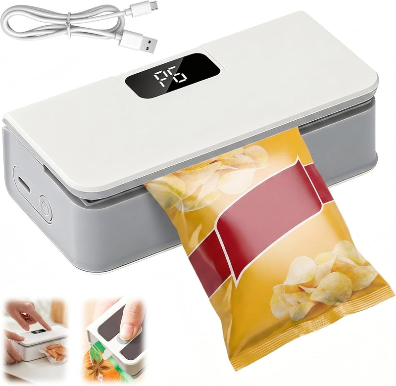 2026 New Mini Bag Sealer, Chip Bag Sealer with Cutter and Magnet, Led Power Display, 6 Adjustable Levels Portable Plastic Bag Sealer for Chips Snacks Mylar Bags (White)